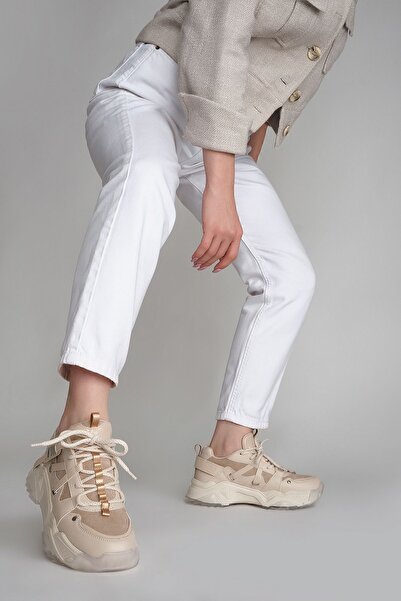 Marjin Women's High Transparent Sole Sneaker Lace-Up Sports Shoes Ojis Beige