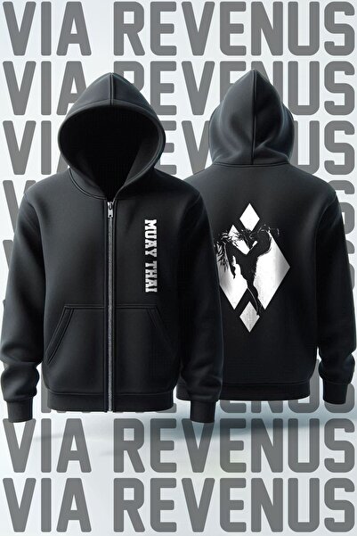 Vordevia Унісекс-светр з капюшоном і блискавкою з малюнком муай-тай