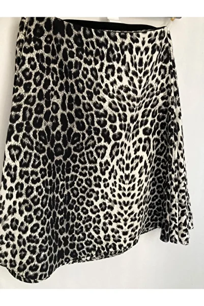 memetti m şekil Women's Black Leopard Pattern Long Flared 65 cm Skirt