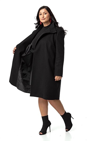 DISENTIS MODEST Black Button Detailed Large Size Lined Cashmere Coat
