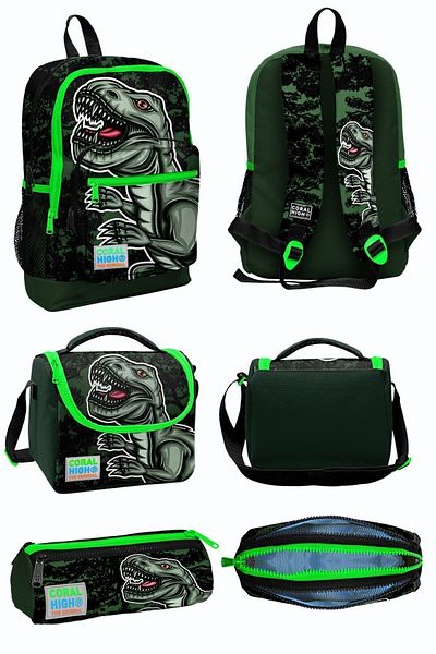Coral High Dark Green and Black DinoSaur Pattern - Four Compartment School Backpack