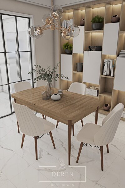 DEREN HOME Alfa Serisi, 80x132 Açılabilir Mdf Mutfak Ve Yemek Masası Takımı 4...