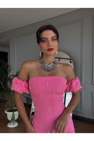 MODA DURAĞI Φόρεμα με λεπτομέρεια από πέτρα Pearl Atlas 2051