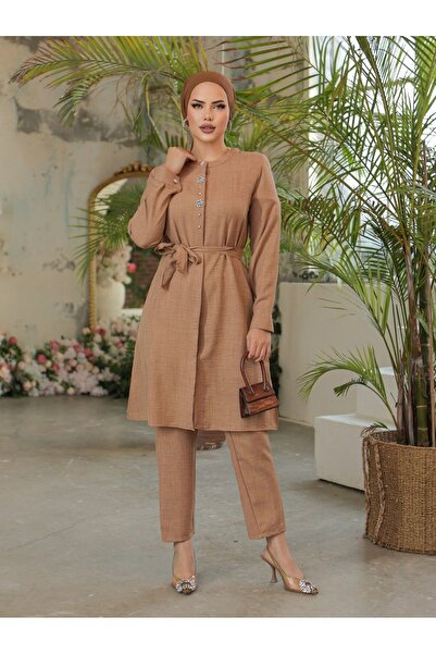 HİJABAYA Λινό μακρύ τουνίκ - Κεντημένο με πέτρα, κουμπιά μέχρι το πάτωμα και ζώνη