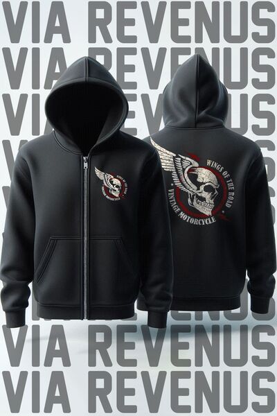 Vordevia سترة صوفية بغطاء للرأس بسحاب للجنسين من Wings of the Road Biker - مطبوعة من الأمام والخلف