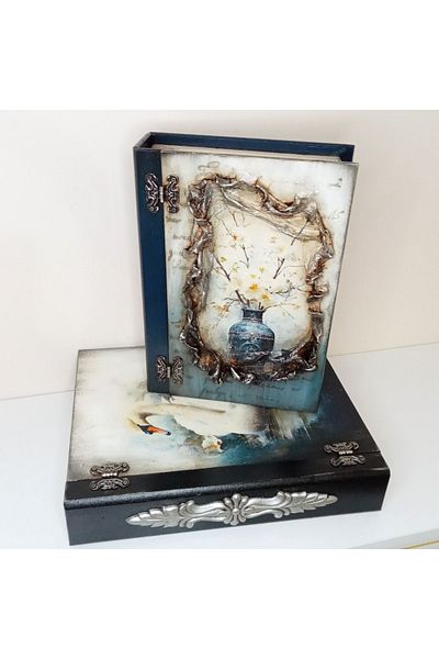 IremTasarimAtolyesi Home Decoration Large Size Book Box Set of 2 Decorative Box Wooden Accessory Hand Painting Organizer