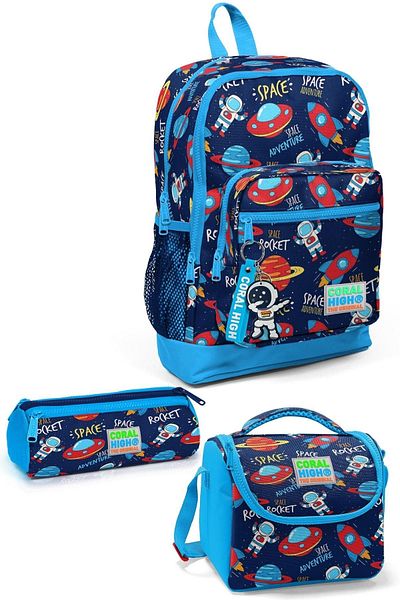 Yaygan Coral High Kids - Bleumarin, Geantă de școală din 3 piese cu model spațial SET0123470
