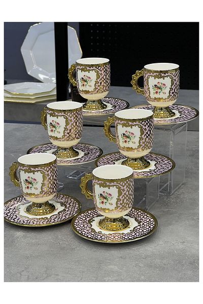 Doğudeko 6-Piece Pink Luxury Porcelain Astoria Cup Set