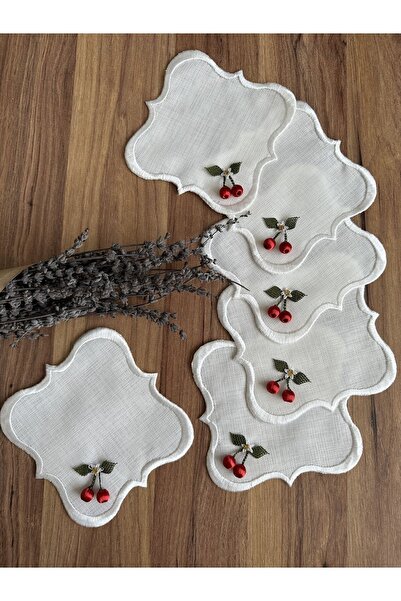 Nurhanhome 6-Piece Ecru Colored Cherry Needle Embroidered Coffee Presentation...