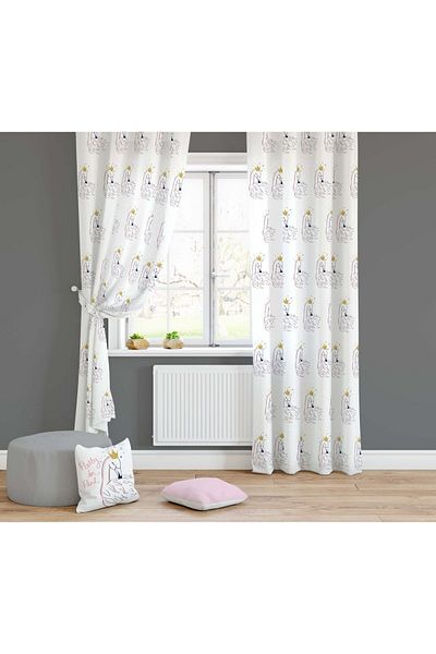 Lolla White Swan Patterned Background Curtain 1217