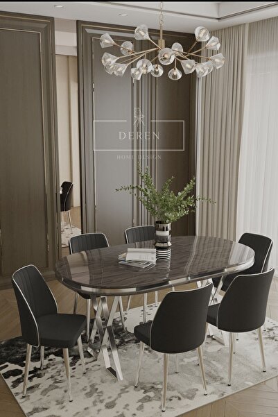 DEREN HOME Nex Serisi Mdf Lak Masa 90x168 Gümüş Metal Ayak 6 Adet Siyah Baby Face Silinebilir Kumaş Sandalye