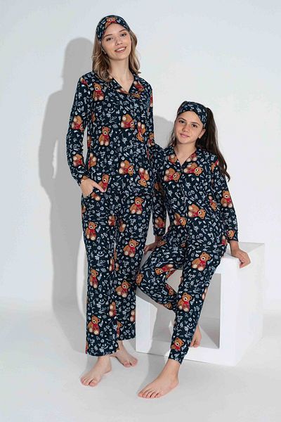 Tarık Navy Blue Bear Pattern - Σετ χειμωνιάτικων πιτζάμες με βελούδινο σουέτ συνδυασμός μητέρας και κόρης