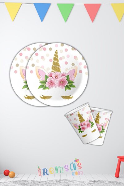 mypartyready Çiçekli Unicorn Konsept Doğum Günü Karton Tabak Bardak Seti 8 Li...