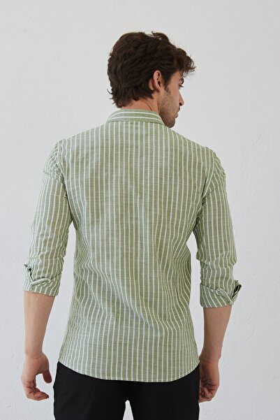 RAVANELLI Erkek Uzun Kol Yaka Düğmeli Modern Slim Fit Dar Kesim Çizgili Pamuklu Gömlek