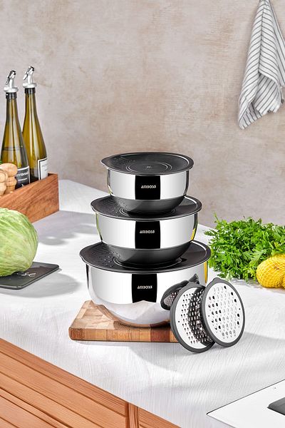 Amboss Satin 9 Piece Stainless Steel Multi-Purpose Bowl Set with Black Lid