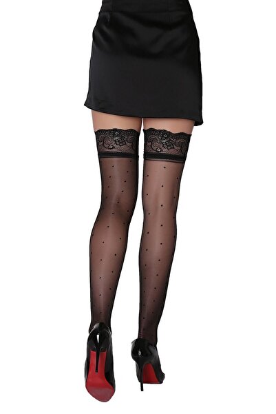 Daymod Kadın Siyah Silikon Dantelli Puantiyeli Jartiyer Çorabı