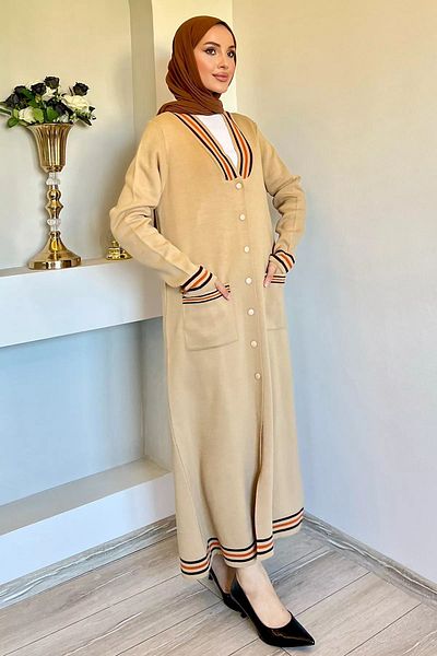 julude Γυναικεία ριγέ Hijab Knitwear Cardigan - Λεπτομέρεια γιακά και μανίκι