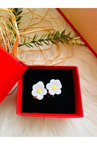 1PARÇAMAVİ Beyaz çiçekli kıstırma klipsli çocuk küpesi - deliksiz kulak küpesi