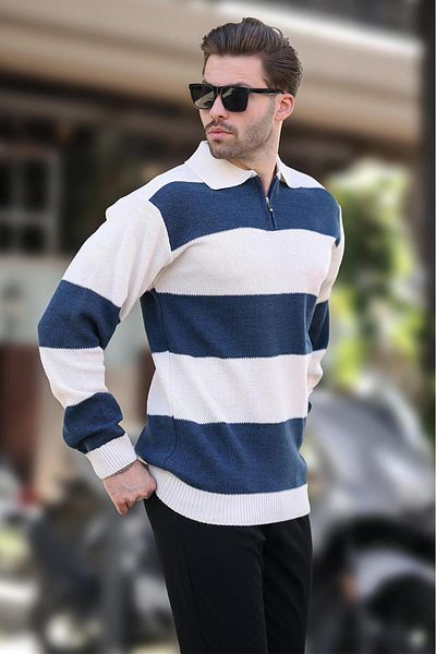 Madmext Color Block Μπεζ μακρυμάνικο πουλόβερ - Γιακάς με φερμουάρ 7280