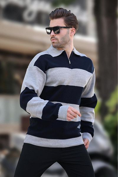 Madmext Color Blocked Gray Long Sleeve Sweater - Zipper Collar 7280