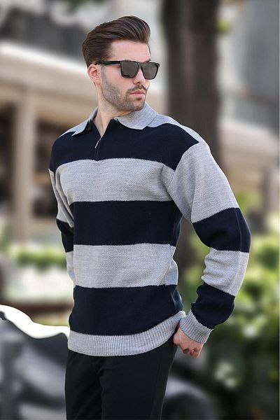 Madmext Color Blocked Gray Long Sleeve Sweater - Zipper Collar 7280