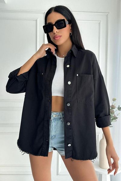 ZAROLİ Cămașă neagră din denim - supradimensionată, cu tiv cu ciucuri