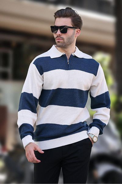 Madmext Color Block Μπεζ μακρυμάνικο πουλόβερ - Γιακάς με φερμουάρ 7280