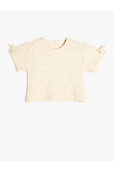 Koton Crew Neck Cotton Tweed Crop T-Shirt - Short Sleeve and Bow Detail