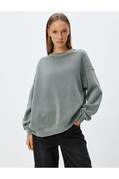 Koton Oversize mikina Stone Detailed - Crew Neck, pratelná mikina s kapucí