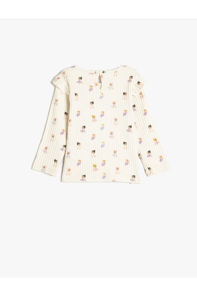 Koton Long Sleeve Floral Printed Ruffle Detailed Ribbed T-Shirt