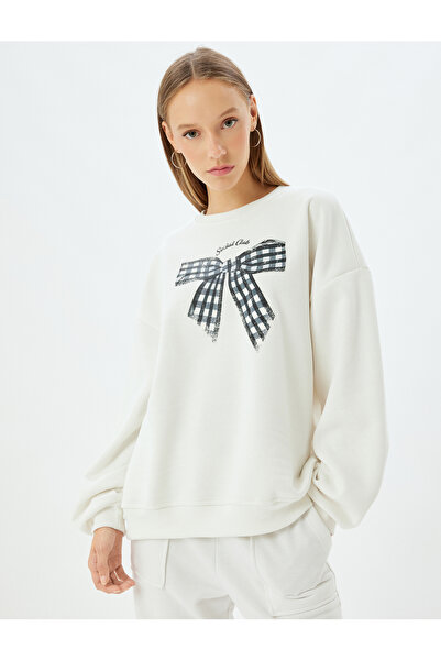 Koton Crew Neck Slogan Ribbed Oversize Sweatshirt - Bow Printed