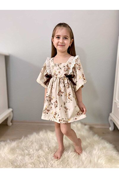 Little Honey Bunnies Brown Bow Detailed Flower Dress