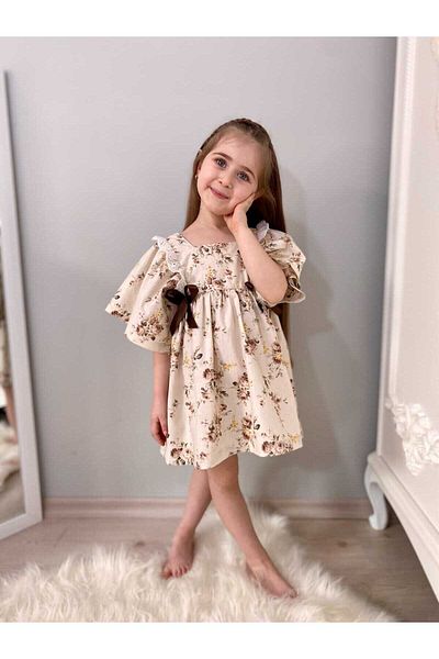 Little Honey Bunnies Brown Bow Detailed Flower Dress