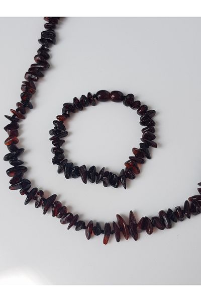 Kehribar Sarayı Drop Amber Cherry Color Necklace Bracelet Set with Chips Knotted Design