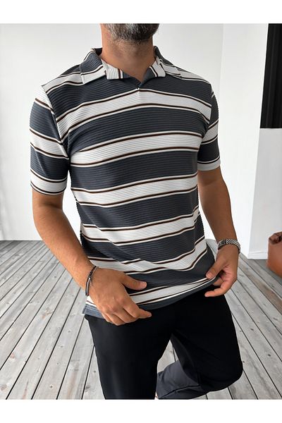 BYBASICMAN Smoked Striped Embossed Polo Collar T-Shirt G-5476