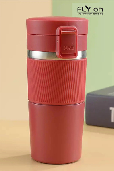 FLYON Sızdırmaz Paslanmaz Çelik Kaydırmaz Lastikli Iç Kısmı Süzgeçli Araç Ofis Çay Kahve Termos Mug 400 ml