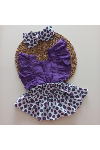 MARS BABY Kız Bebek Mor Lila Böğürtlen Desenli Fırfırlı Salopet Bandana Takım