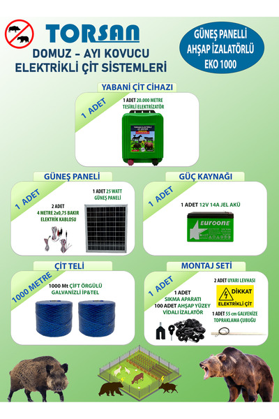 Genel Markalar GÜNEŞ PANELLİ EKO 1000 Elektrikli Çit Sistemi ( Domuz - Ayı Ko...