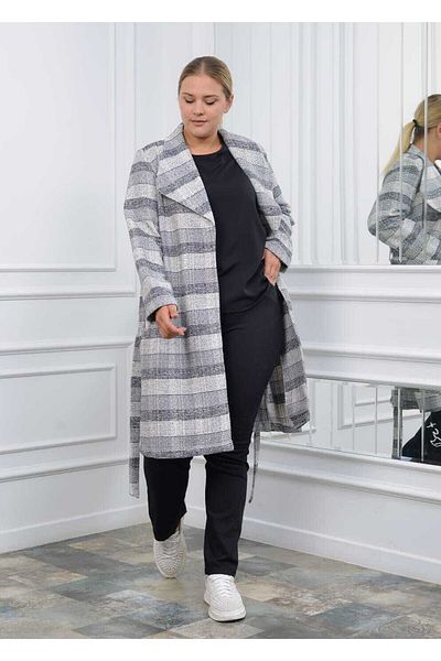 MODATALİKA Modatalika Women's Plaid Patterned Large Size Belted Coat