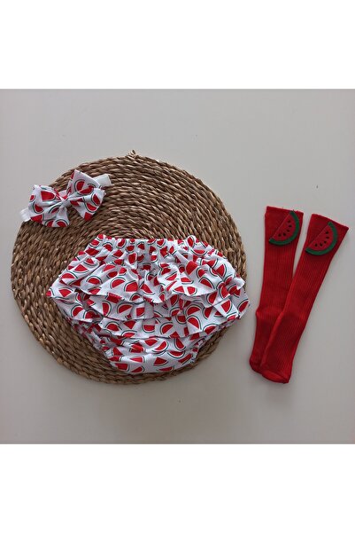 MARS BABY مجموعة جوارب تنورة وشورت مكشكش منقوشة بالبطيخ للفتيات الصغيرات