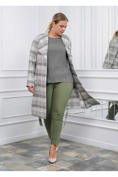 MODATALİKA Modatalika Women's Plaid Patterned Large Size Belted Coat