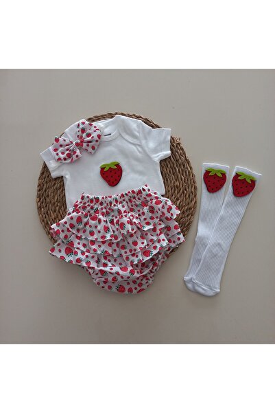 MARS BABY Baby Girl Strawberry Ruffle Shorts Skirt Bodysuit Socks Set