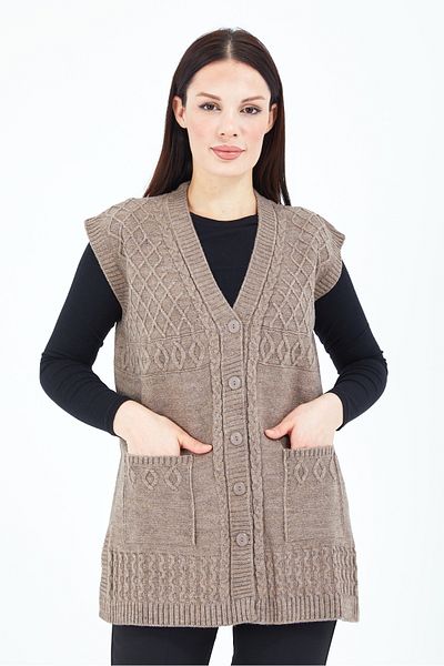 Fresh&Moda Дамска плетена вълнена жилетка от норки с V-образно деколте и джоб с копчета