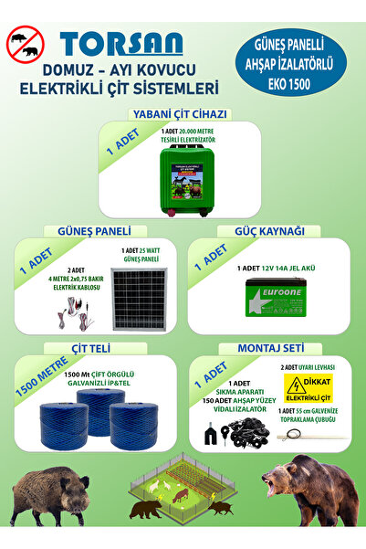 TORSAN GÜNEŞ PANELLİ EKO 1500 Elektrikli Çit Sistemi ( Domuz - Ayı Kovucu ) 1...