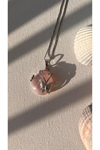 Doğaltaş Masalları Aşk taşı pembe kuvars çelik kolye