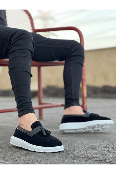BOA BA0005 Laceless High Sole Black White Sole Skin Belted Classic Tasseled Corcik Men's Shoes