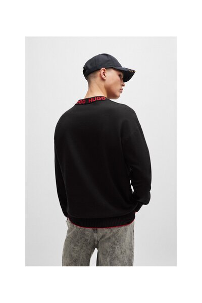 HUGO Logolu yakalı organik pamuklu büyük beden kazak