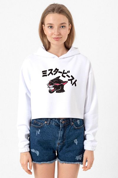 Tshirthane Mr Beast Kanji White Optical Women's Crop Hoodie