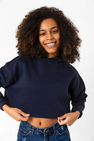 QIVI Basic Navy Blue Hooded Crop Sweatshirt