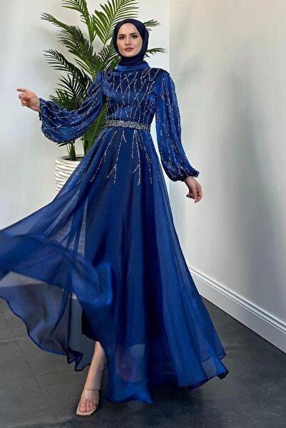 MERVEN AKYÜZ Rabelia Taşlı Abiye Lacivert